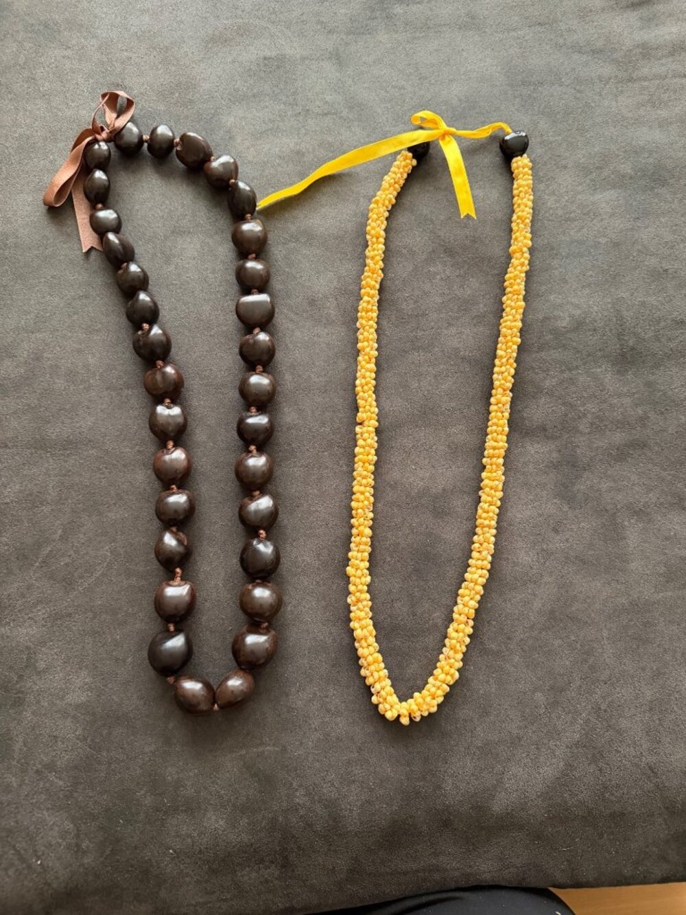 Vintage Brown Beaded Necklace & Yellow Seed Bead Necklace With Ribbon Ties 18"-2